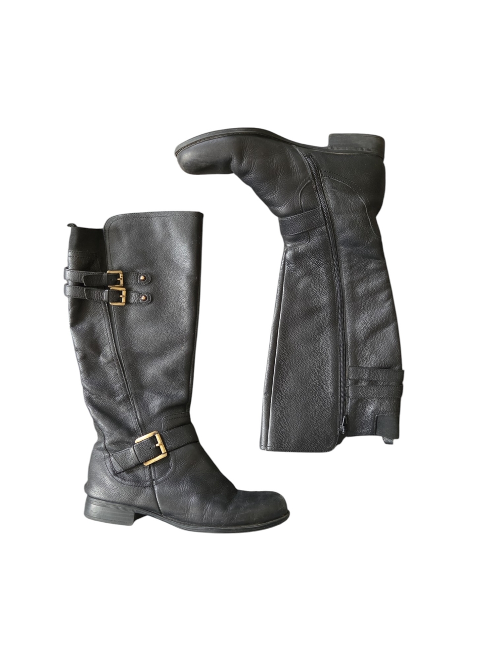 Naturalizer | Women's Black Leather Riding Boots with Gold Buckle Details | 9.5